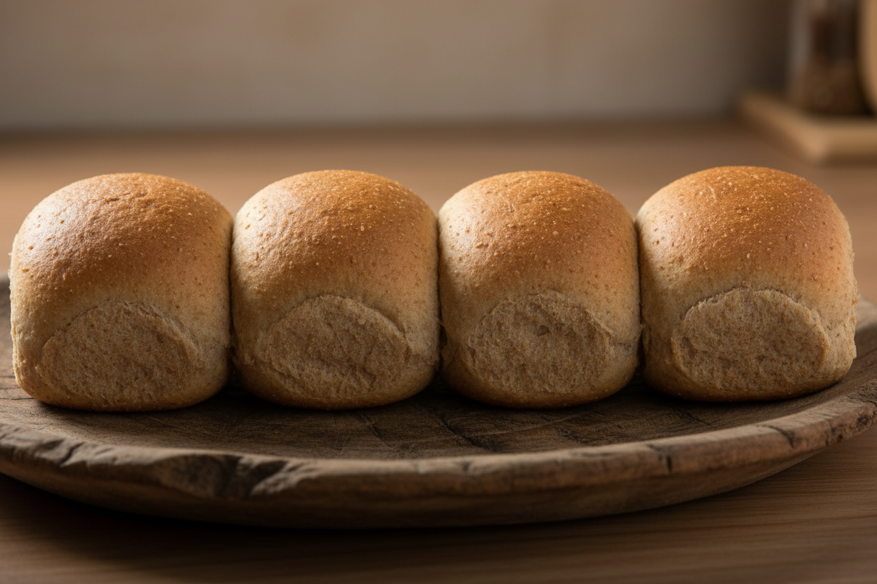 whole wheat pav buns with uniform line 4 buns one wood plate