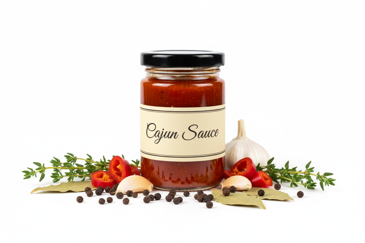 cajun sasuce write name small jar bottle black colour lid put some herbs black pepper bel papper garlik loves thyme