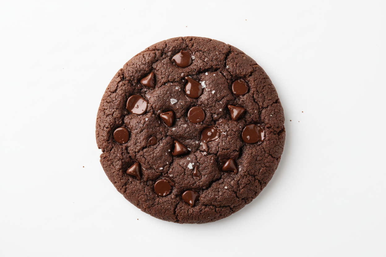 flat chocolate cookie with Chaco chips on toping 