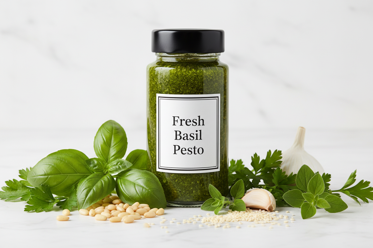 put some basil leaves seasame seeds pine nuts garlik some herbs