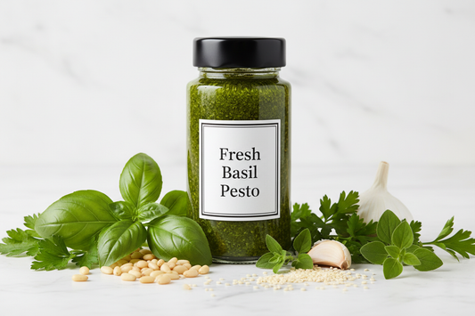 put some basil leaves seasame seeds pine nuts garlik some herbs